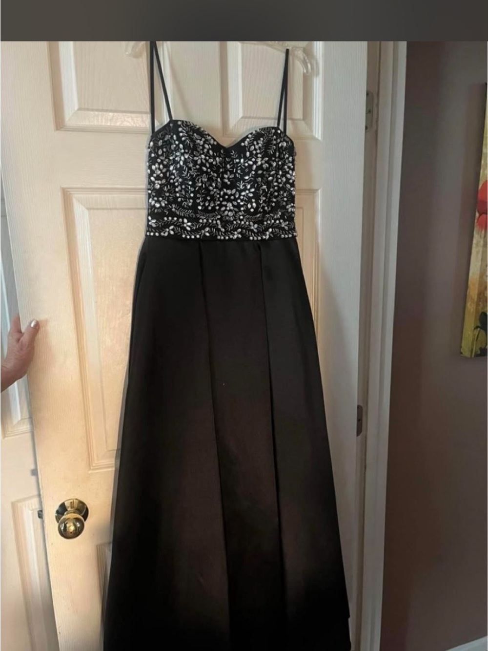 ✨ Stunning Black Satin Formal Gown with Rhinestone Beaded Bodice ✨